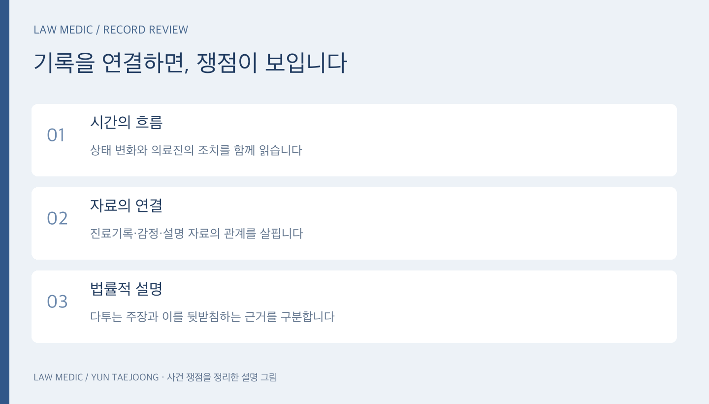 윤태중 변호사의 기록 검토와 쟁점 정리를 표현한 설명 그림