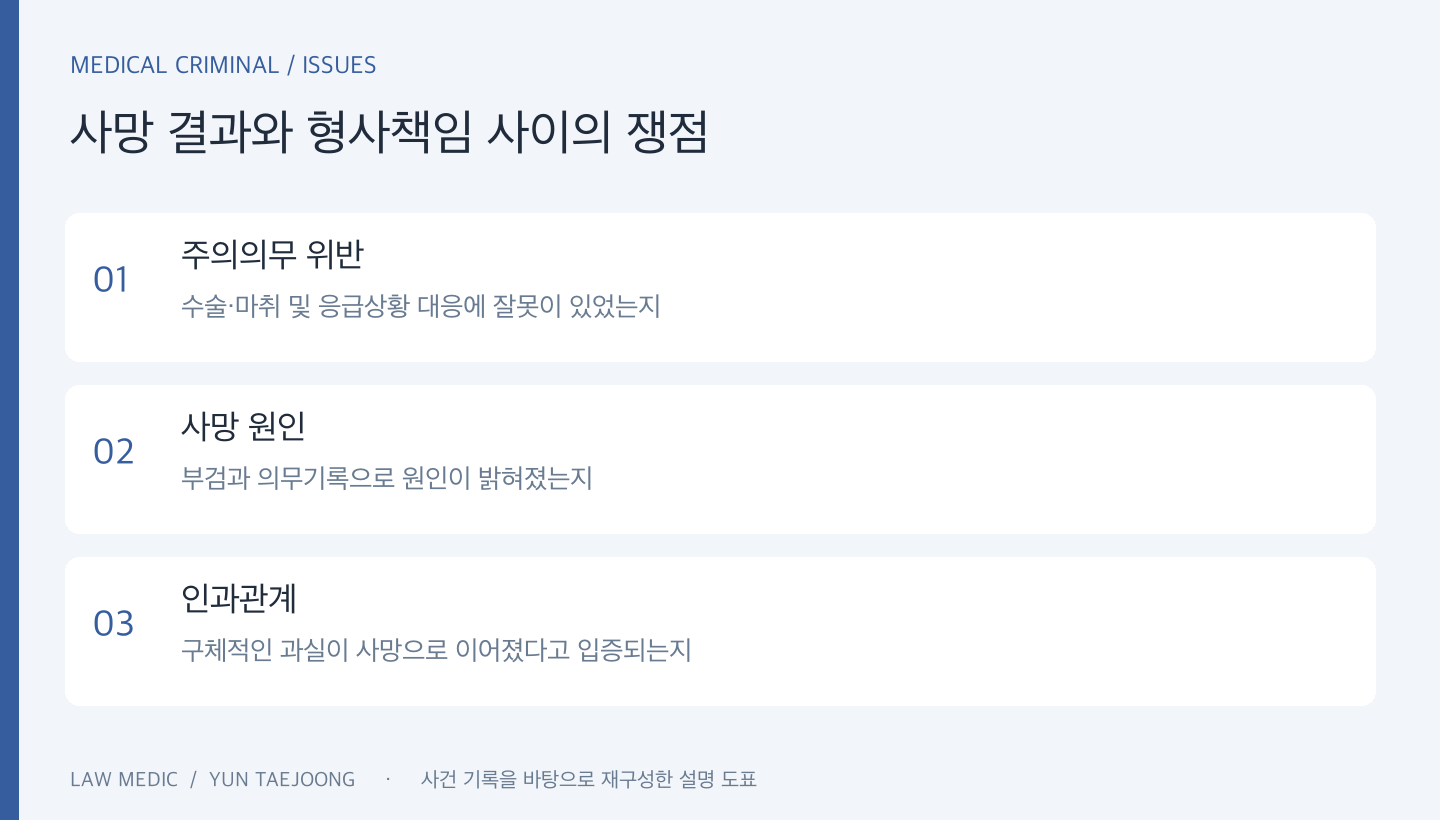 출혈·처치에 관한 의혹을 주의의무 위반과 사망의 인과관계로 나누어 정리했습니다.