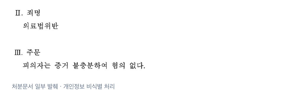 실제 불송치 결정서의 죄명과 주문: 의료법위반, 증거불충분 혐의없음