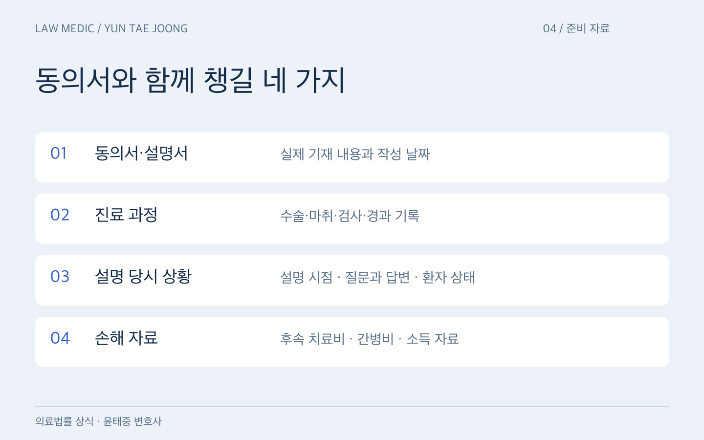 수술 관련 분쟁 준비 자료: 동의서와 설명서, 진료기록, 설명 당시 상황, 치료비와 소득 등 손해 자료