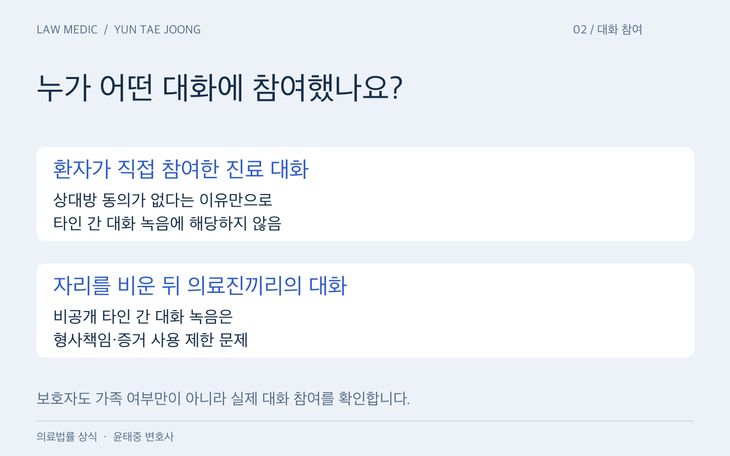 환자가 참여한 진료 대화와 자리를 비운 뒤 의료진끼리 나눈 대화는 녹음에 관한 법적 평가가 다릅니다